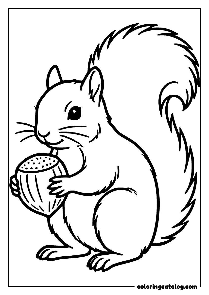Free printable coloring sheet: A squirrel sitting upright holding a hazelnut in both front paws, its tail arched over its back