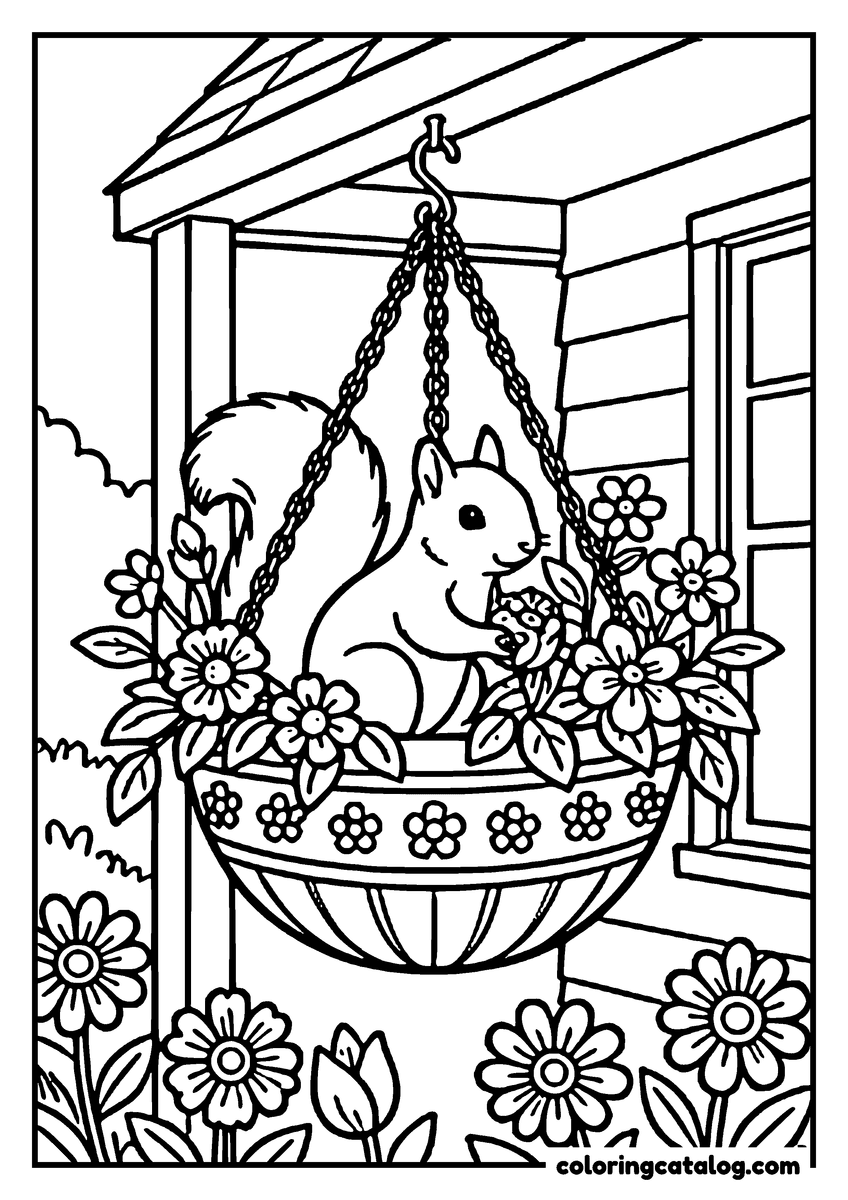 Coloring page: A squirrel sitting in a hanging basket of flowers beside a porch