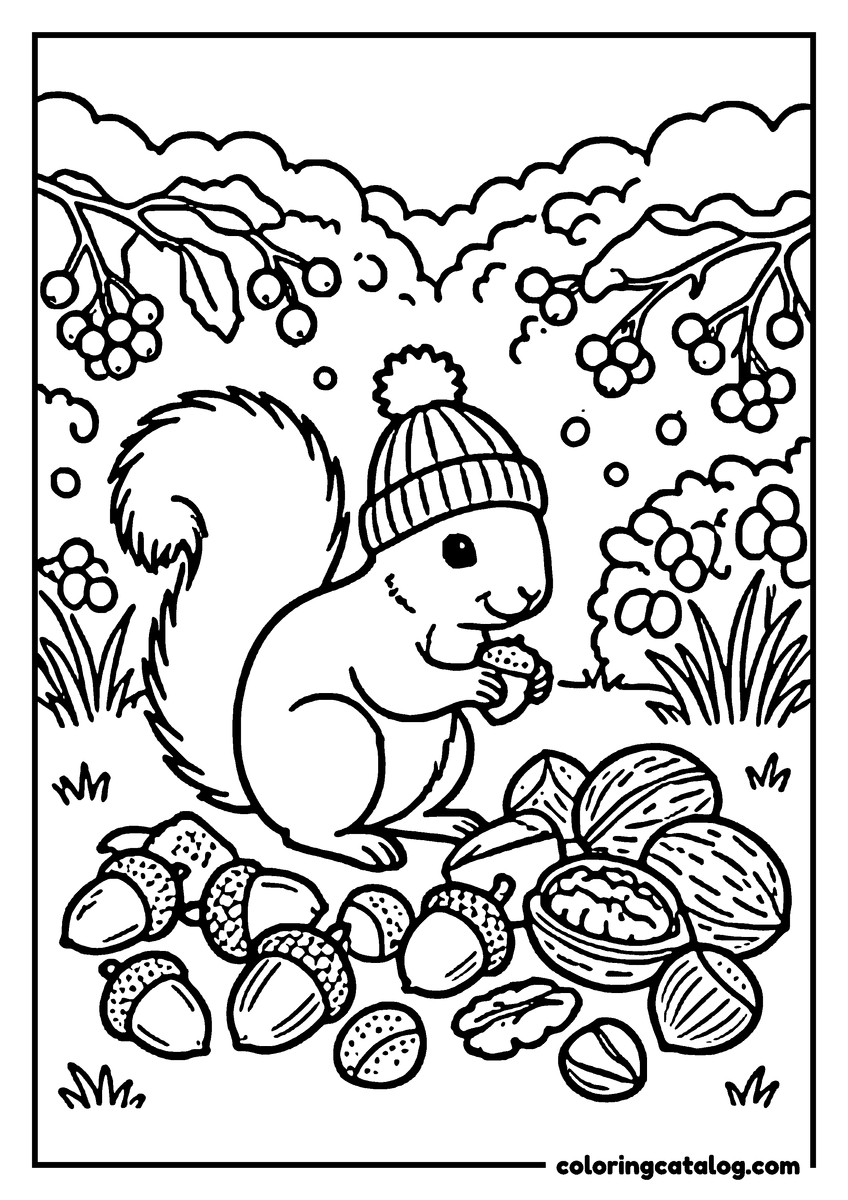 Coloring page: A squirrel in a knitted hat beside a heap of nuts under a frosted hedge