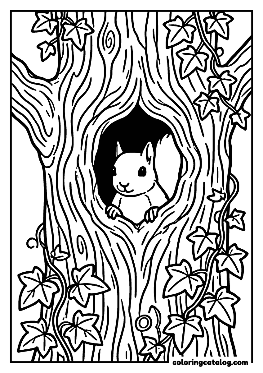 Coloring page: A squirrel peering out of a knothole in an old oak with ivy climbing the bark
