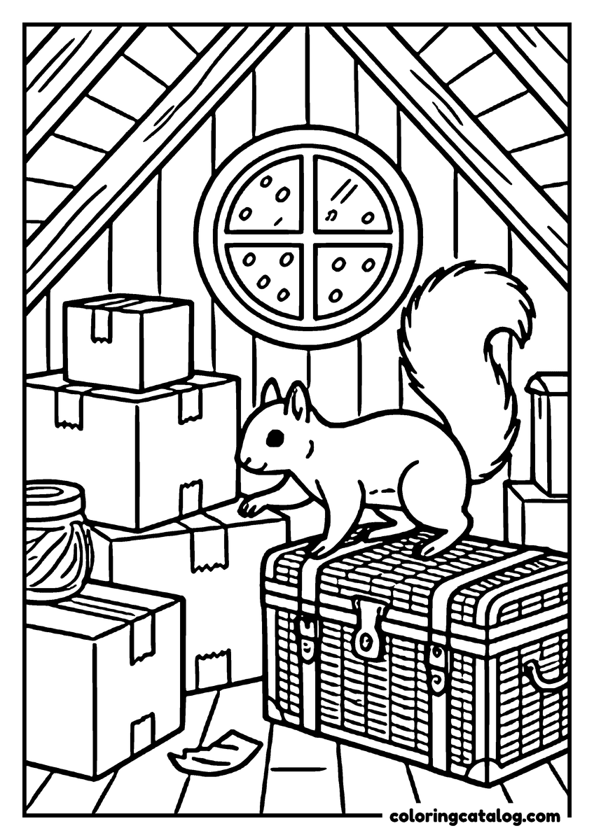 Coloring page: A squirrel in an attic among stacked boxes, a wicker trunk beneath it and a round window behind