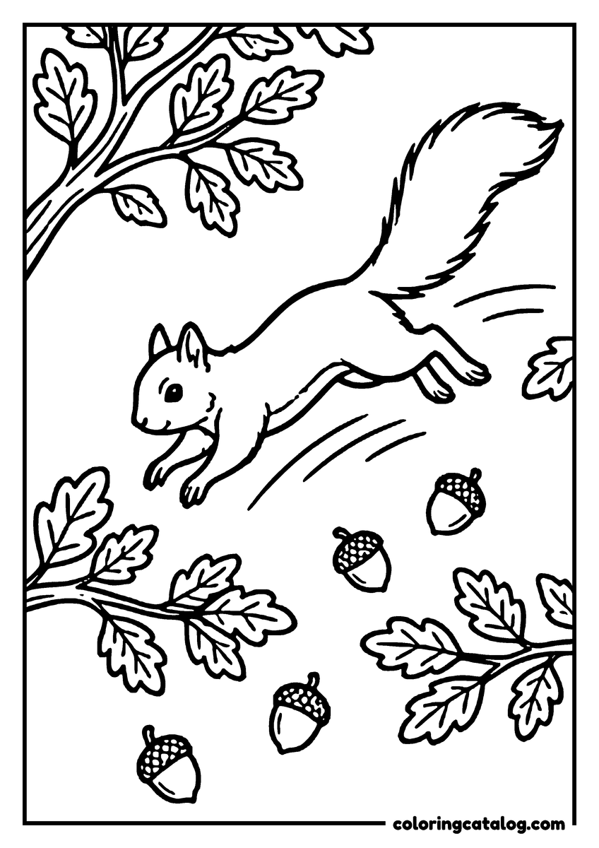 Coloring page: A squirrel leaping between two branches with its tail streaming behind it, acorns falling below