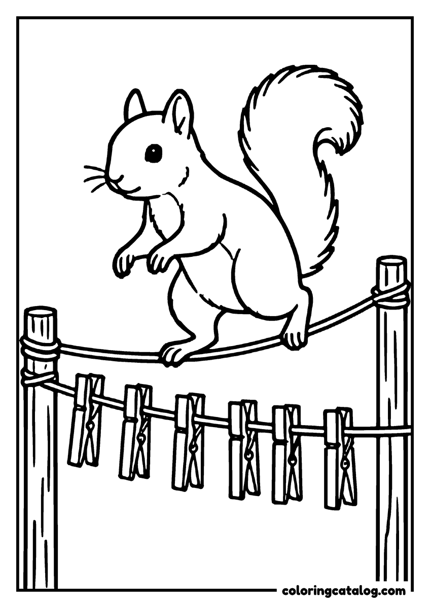 Printable coloring page: A squirrel walking a clothes line strung between two poles, pegs in a row along it
