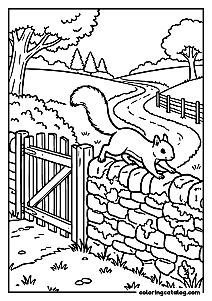 Coloring page: A squirrel scampering along a mossy stone wall, a gate and a lane beyond it