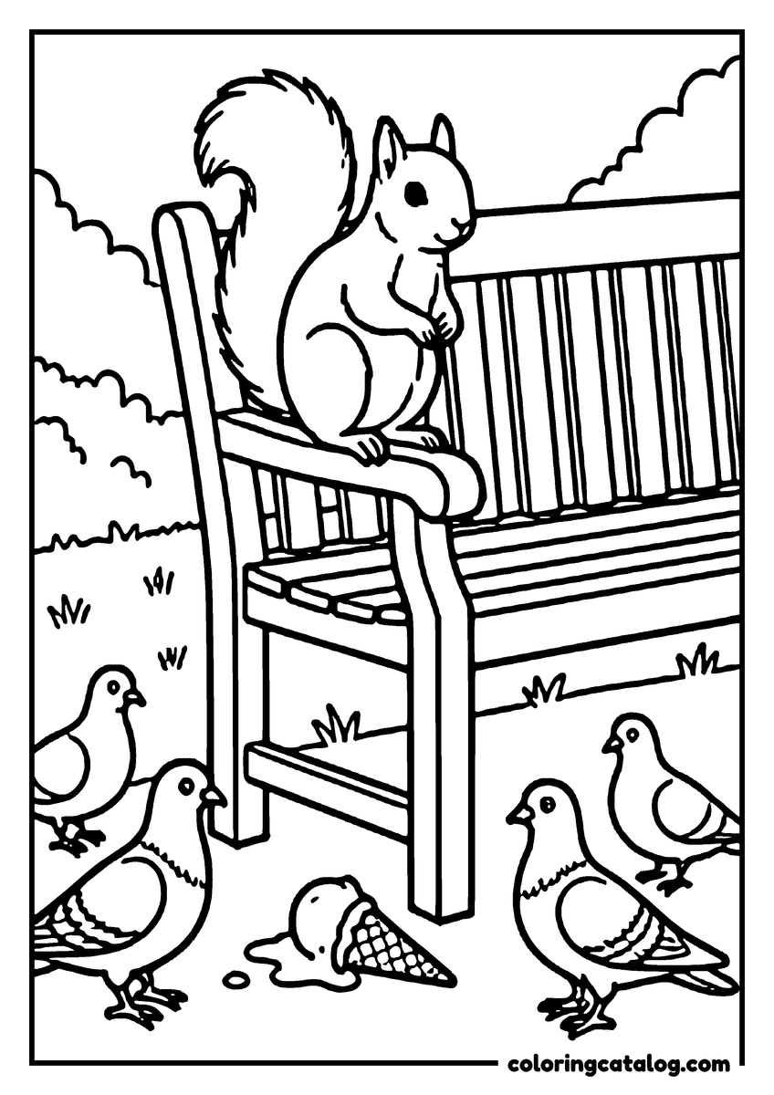 Free printable coloring sheet: A squirrel on the arm of a park bench beside a dropped ice cream cone, pigeons at the foot