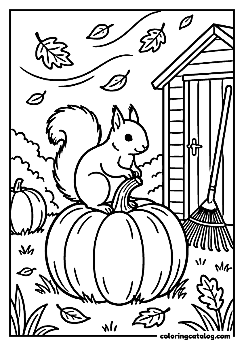 Coloring page: A squirrel sitting on a pumpkin in an autumn garden, leaves drifting down and a rake leaning by a shed