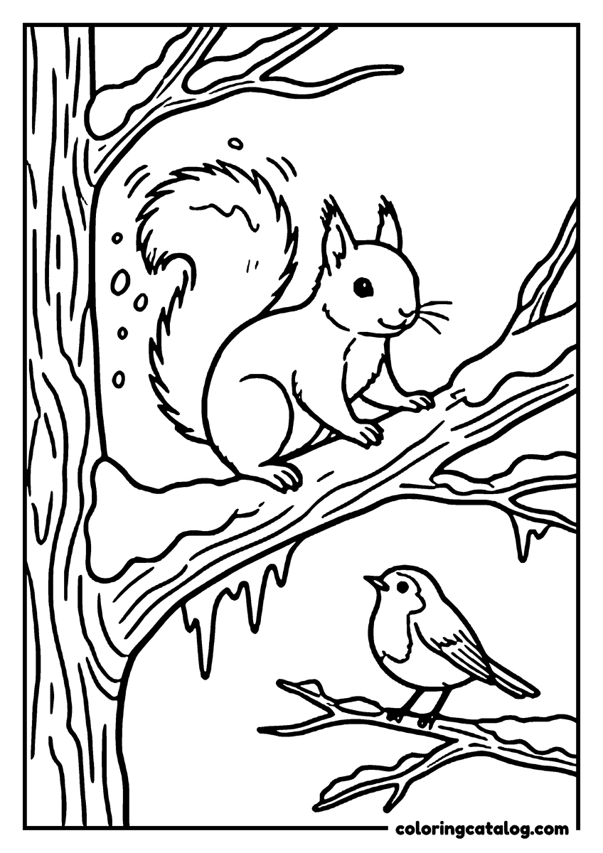 Coloring page: A squirrel on a snowy branch shaking the snow from its tail, a robin on the branch below