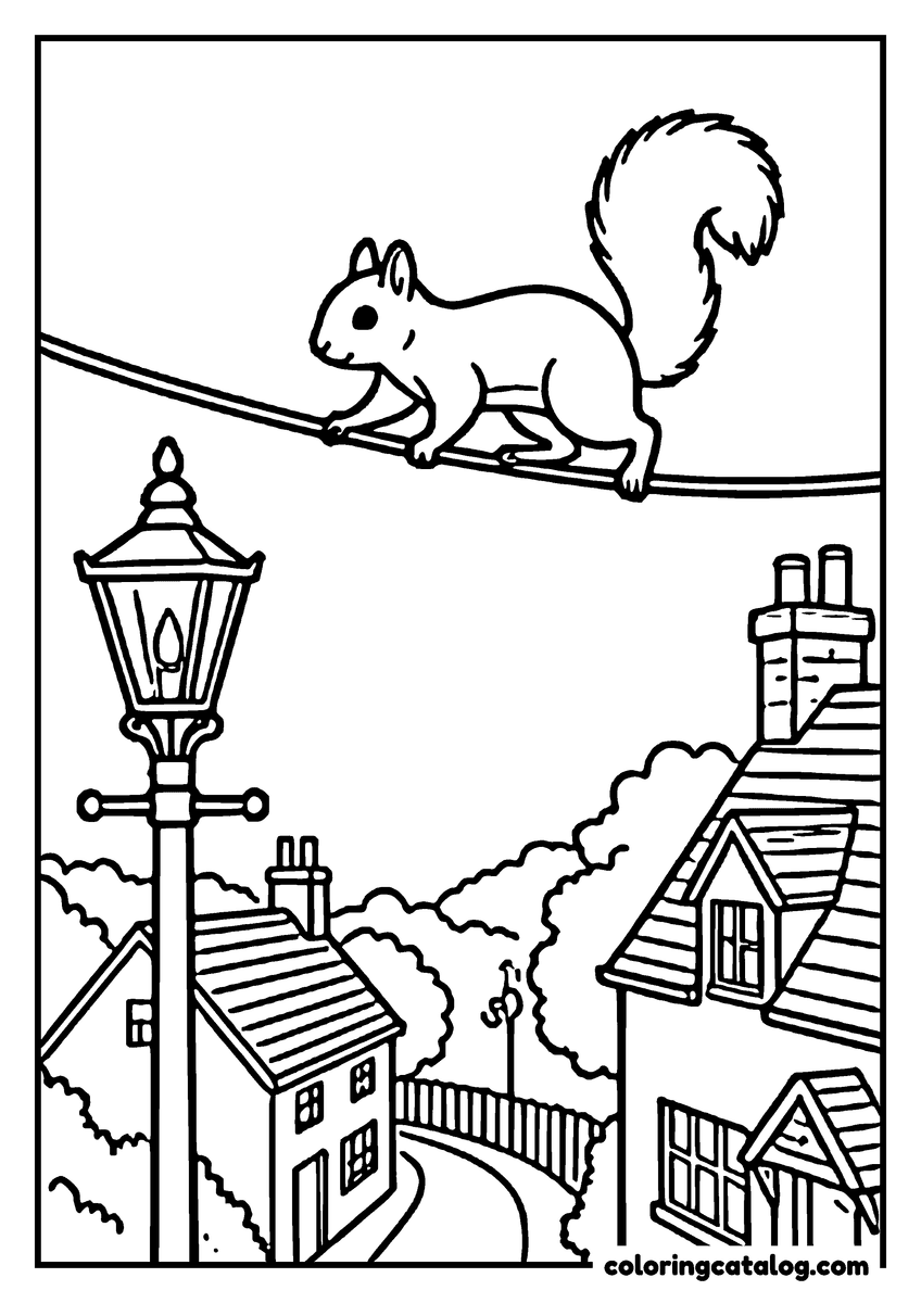 Printable coloring page: A squirrel crossing a telephone wire above a lane, a lamp post and rooftops below
