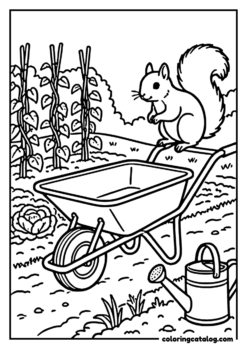 Free printable coloring sheet: A squirrel perched on the handle of a wheelbarrow in a vegetable patch, canes and a watering can beside