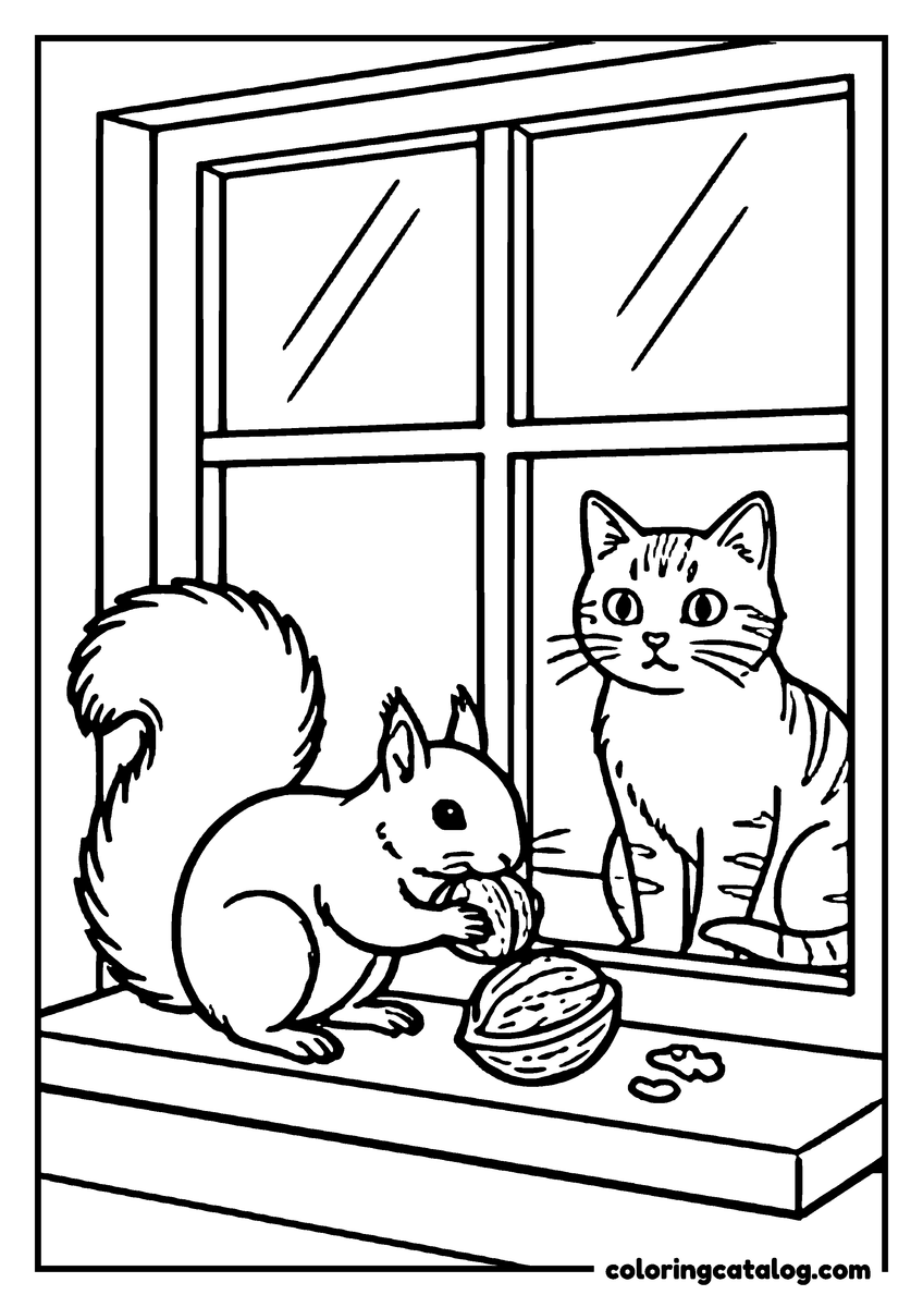 Coloring page: A squirrel gnawing a nut on a window ledge while a cat watches it from inside