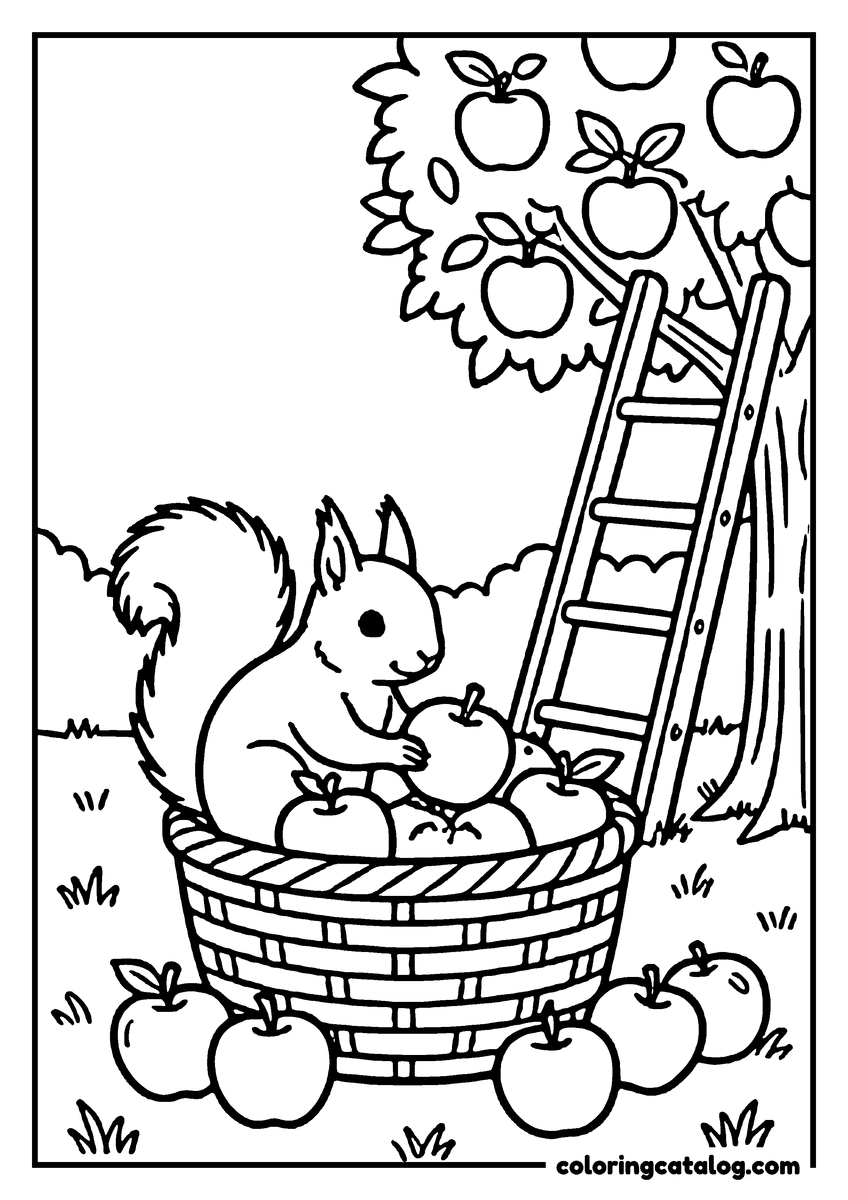 Coloring page: A squirrel raiding a basket of apples in an orchard, a ladder propped against the tree