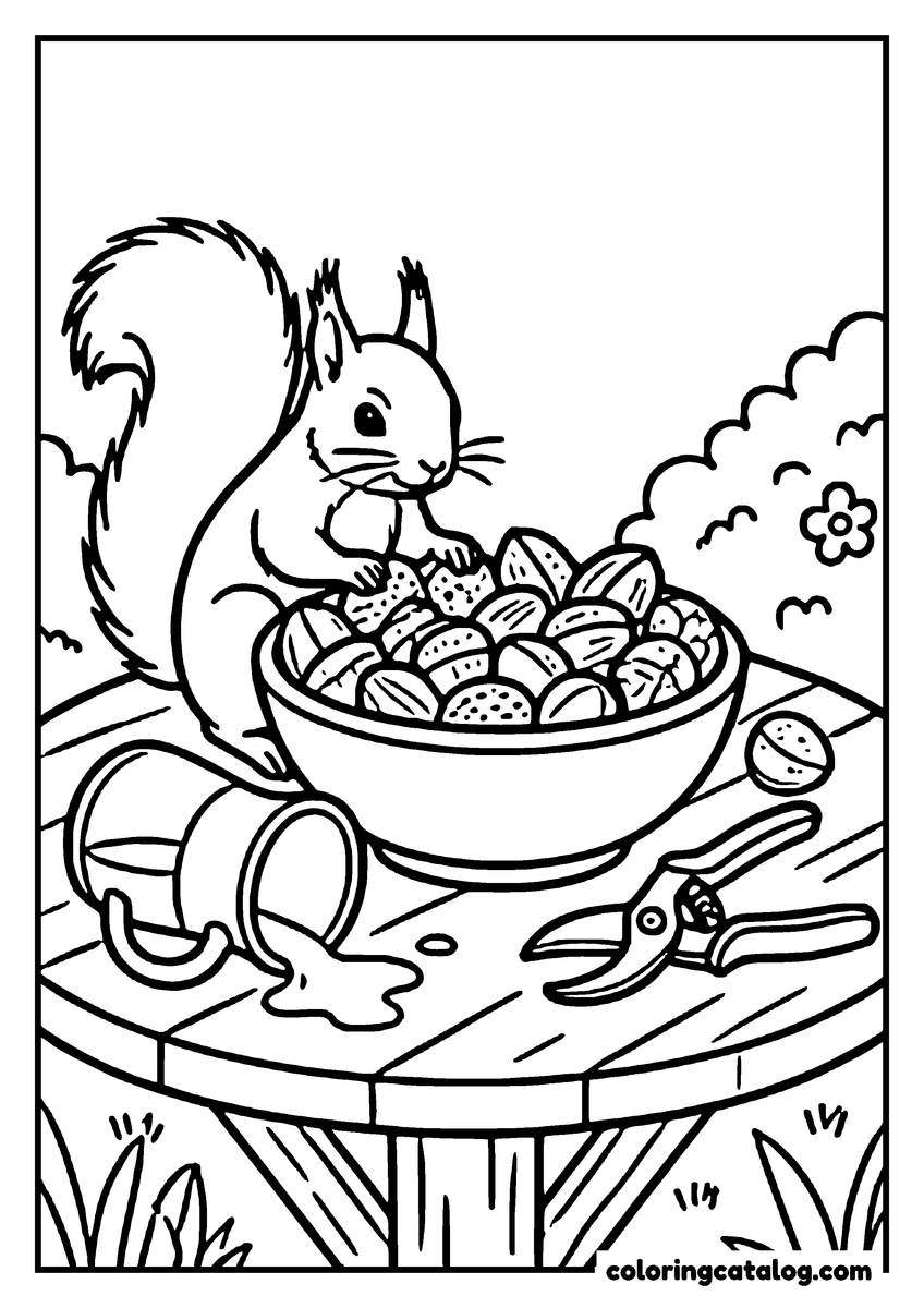 Free printable coloring sheet: A squirrel raiding a bowl of nuts on a garden table, a tipped jug and a pair of secateurs beside it