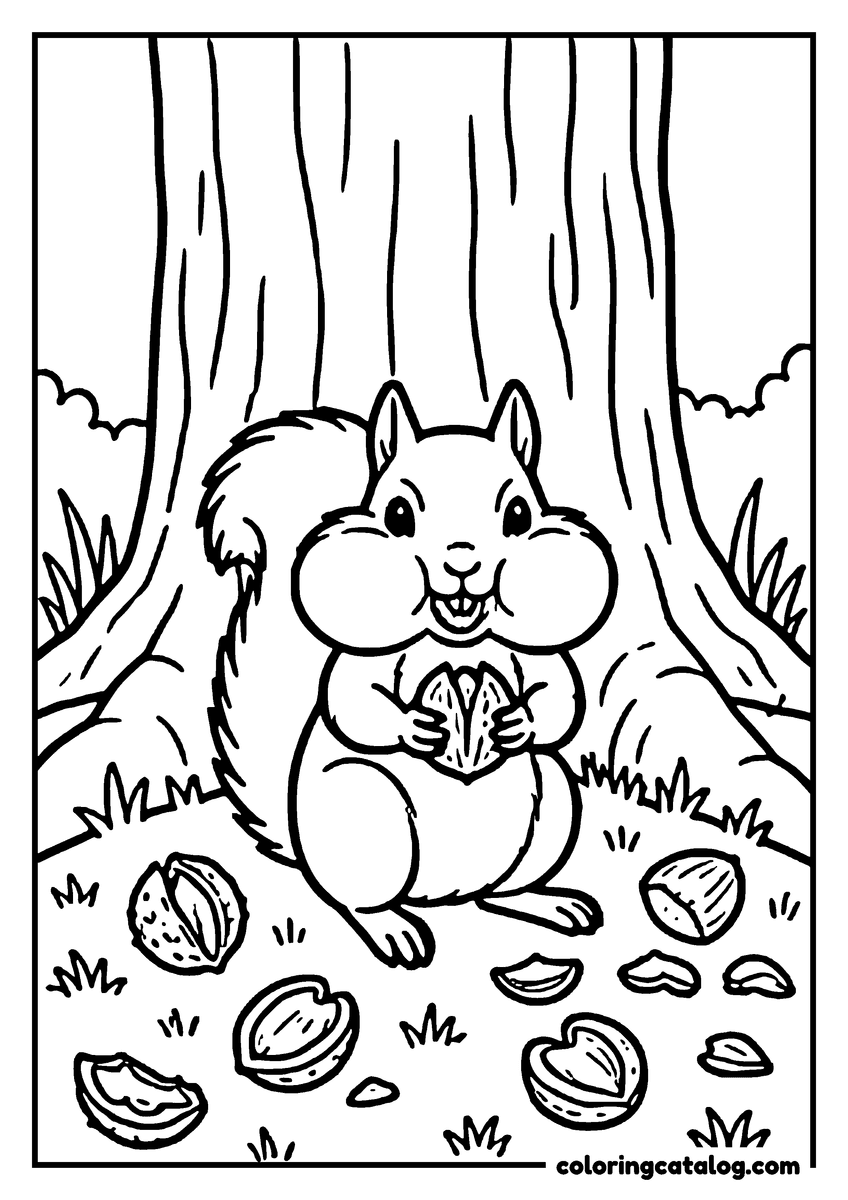Free printable coloring sheet: A squirrel stuffing its cheeks at the foot of a beech, husks and split shells scattered around it