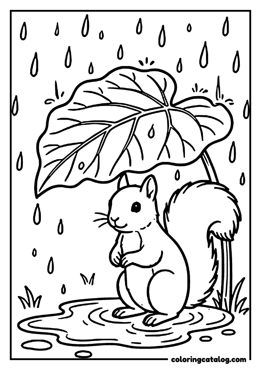 Coloring page: A squirrel sheltering from the rain under a broad leaf, drops falling and a puddle spreading below