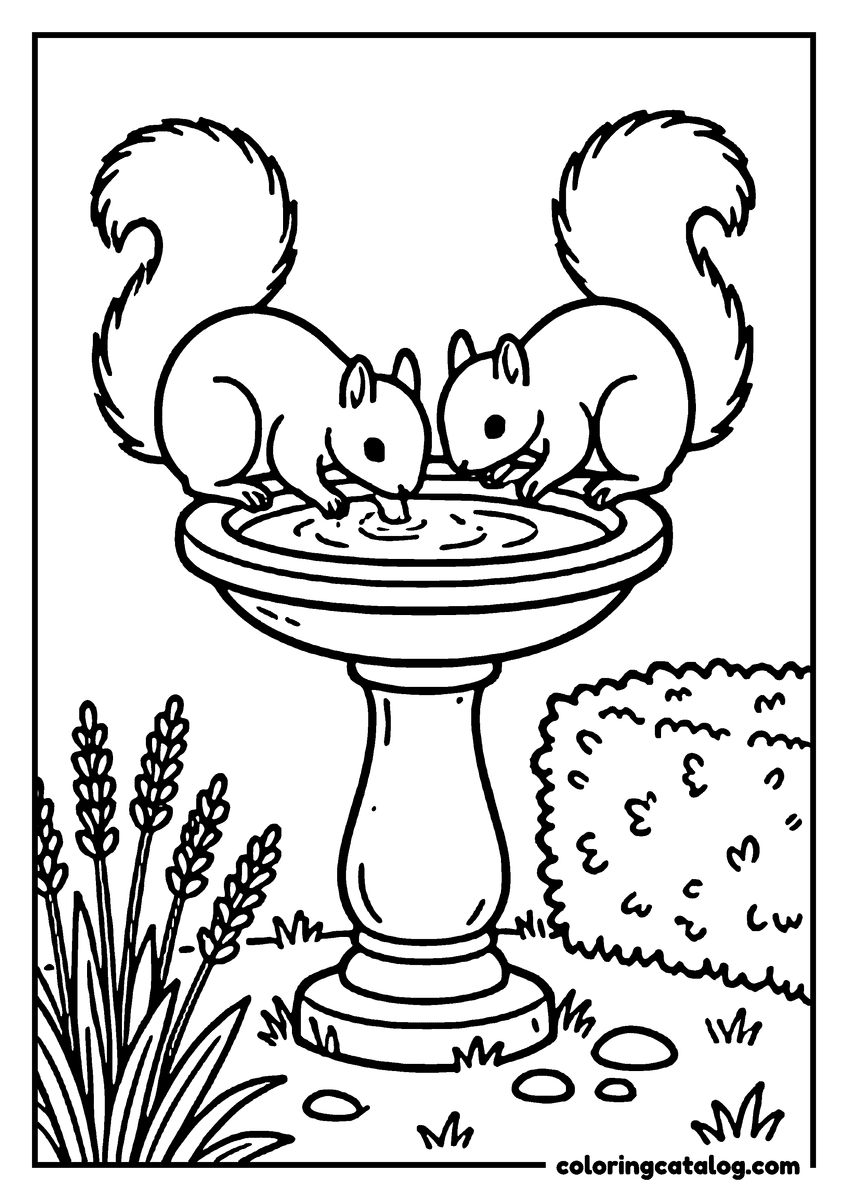 Coloring page: Two squirrels drinking at a stone birdbath, lavender and a low hedge around the pedestal