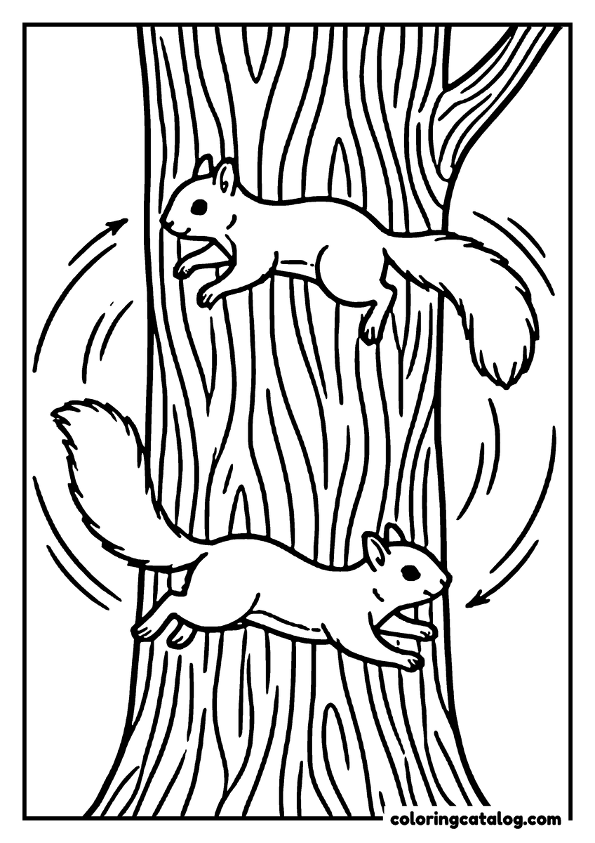 Coloring page: Two squirrels chasing each other in a spiral around a tree trunk, the bark drawn in long ridges