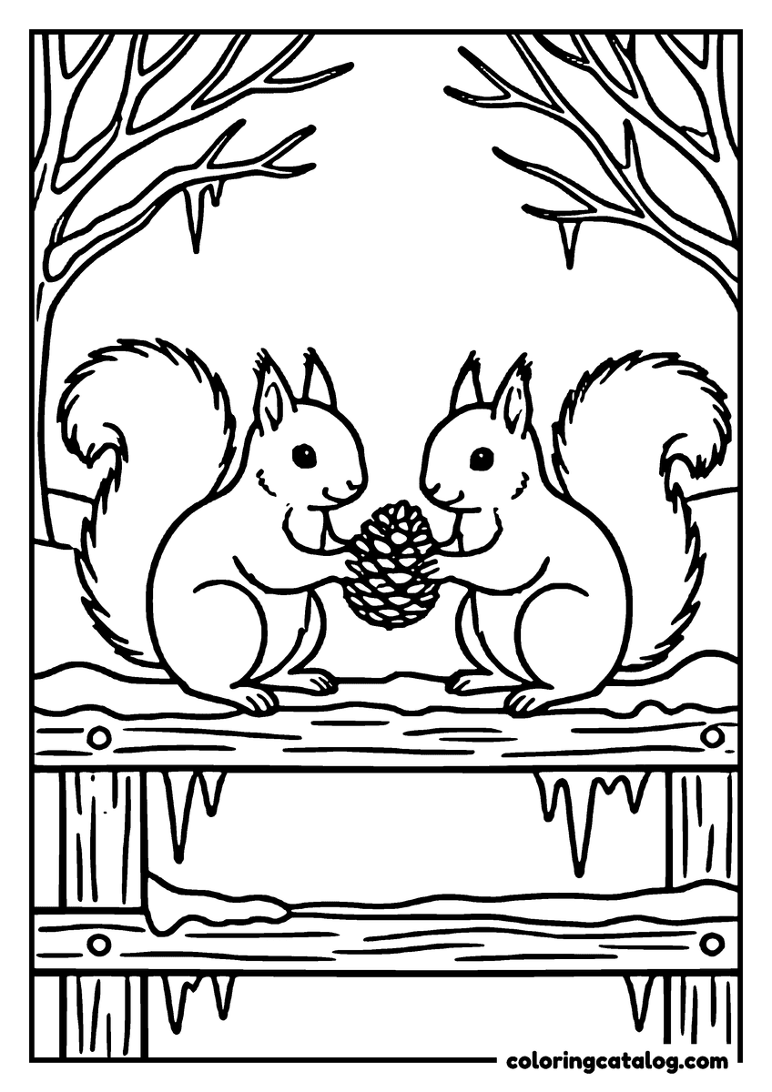 Coloring page: Two squirrels sharing a pinecone on a fence rail in winter, icicles hanging from the rail
