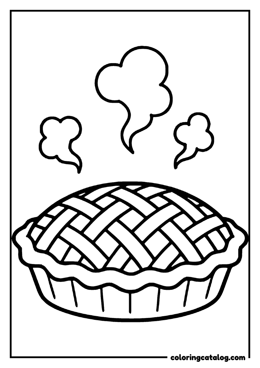 Printable Thanksgiving coloring page: An apple pie with a lattice crust, steam rising from the top