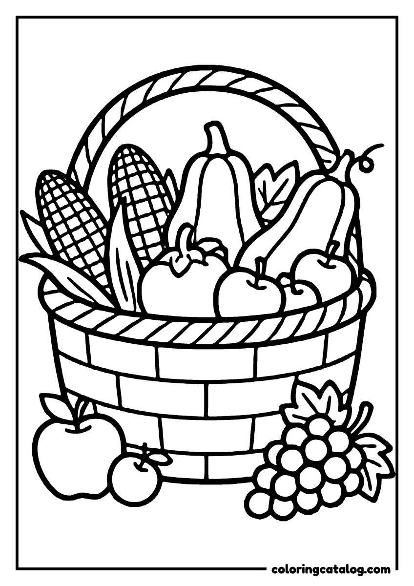 Thanksgiving coloring page of a wooden basket of corn, squash and apples with more apples and a bunch of grapes beside it