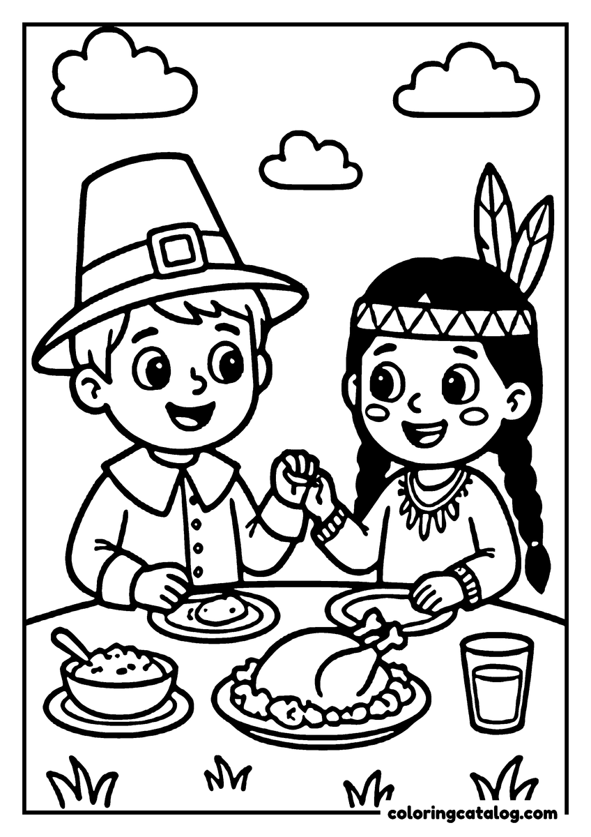 Printable Thanksgiving coloring page: A boy and girl are sitting at a table, smiling, with a turkey, mashed potatoes, and a glass of milk in front of them