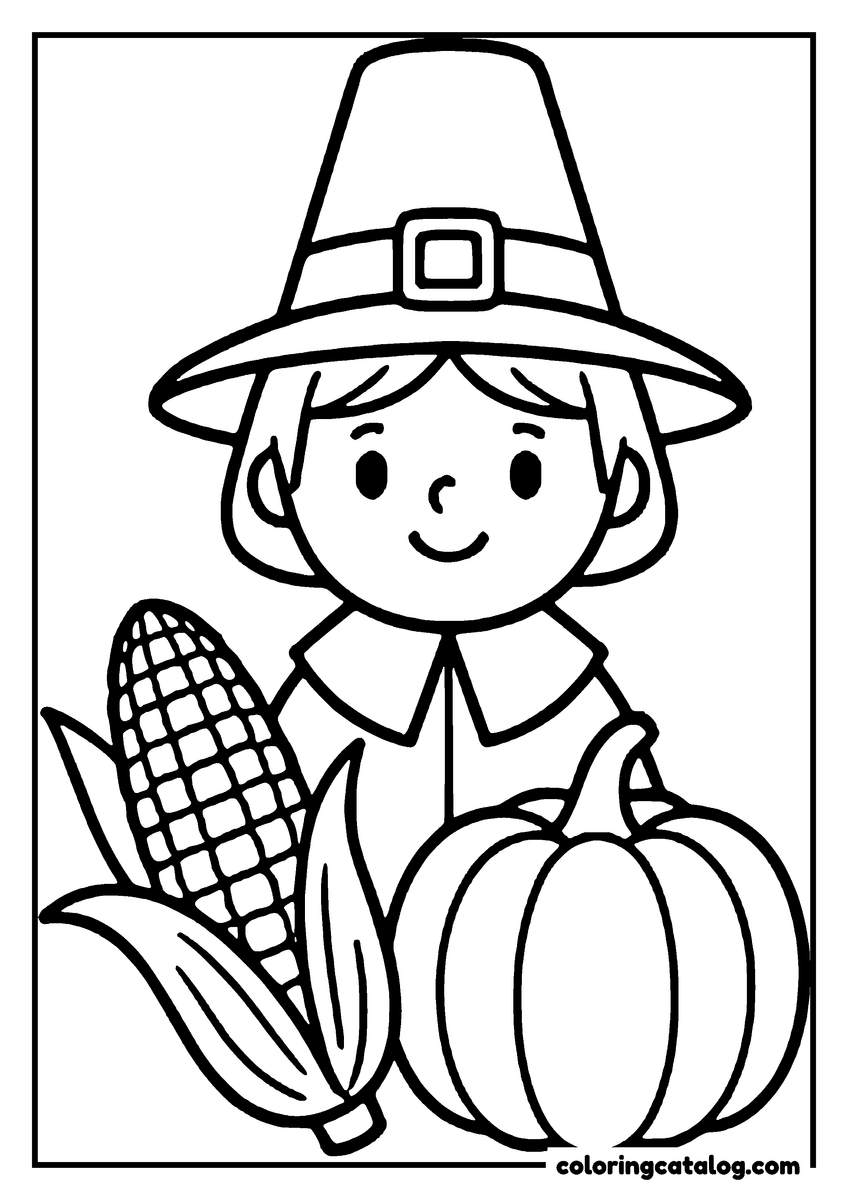 Thanksgiving coloring page: A boy in a pilgrim hat holds a pumpkin and corn, surrounded by fall harvest elements
