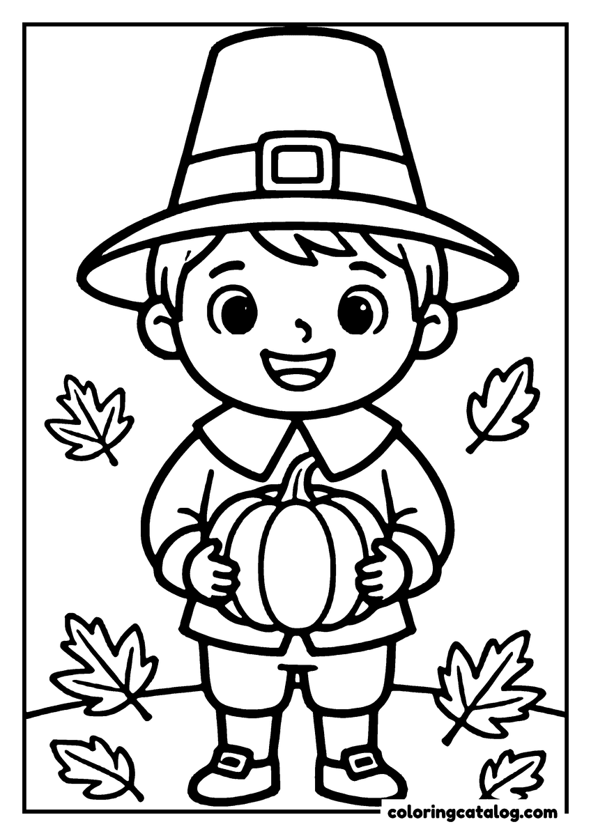 Thanksgiving coloring page: A boy in a pilgrim hat holds a pumpkin, surrounded by autumn leaves