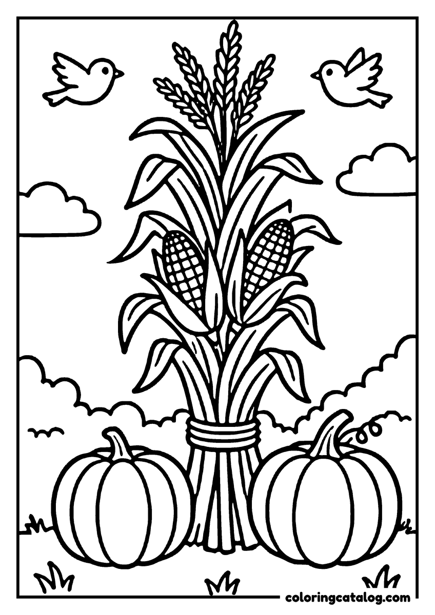 Printable Thanksgiving coloring page: Corn stalk with two ears, surrounded by two pumpkins and two birds flying in the sky