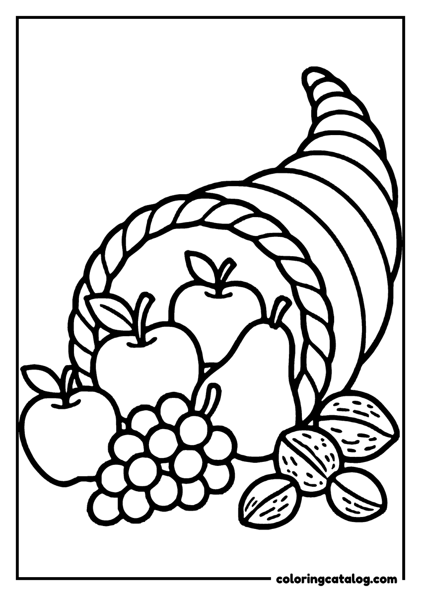 Free Thanksgiving coloring sheet: Cornucopia filled with fruits and nuts, symbolizing abundance and harvest