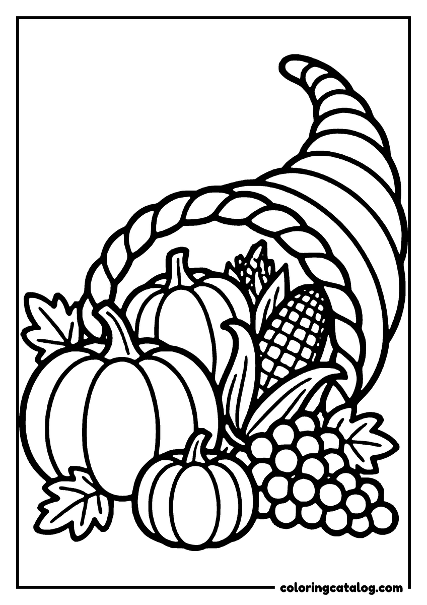 Printable Thanksgiving coloring page: A cornucopia spilling pumpkins, grapes and corn onto a bed of leaves