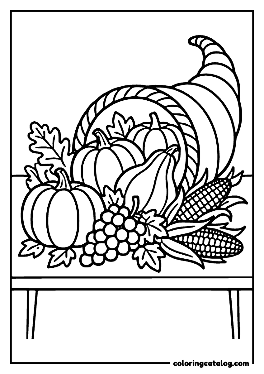 Printable Thanksgiving coloring page: A cornucopia of pumpkins, grapes and corn resting on a wooden table