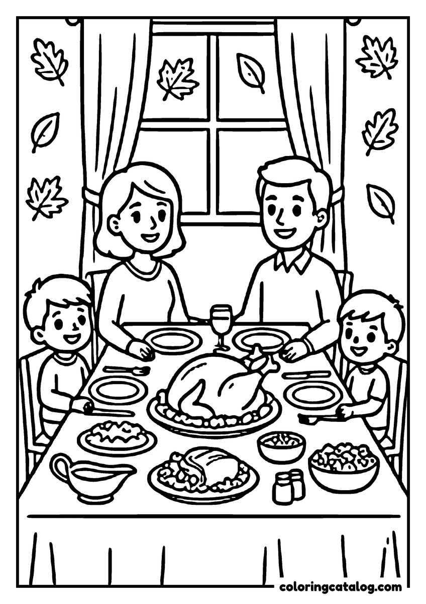 Thanksgiving coloring page: A family is sitting at a table, enjoying a meal together, with a large roasted turkey in the center