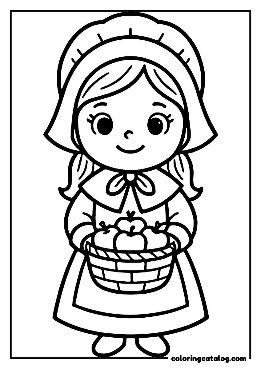 Free Thanksgiving coloring sheet: A girl in a pilgrim dress holds a basket of apples, smiling happily