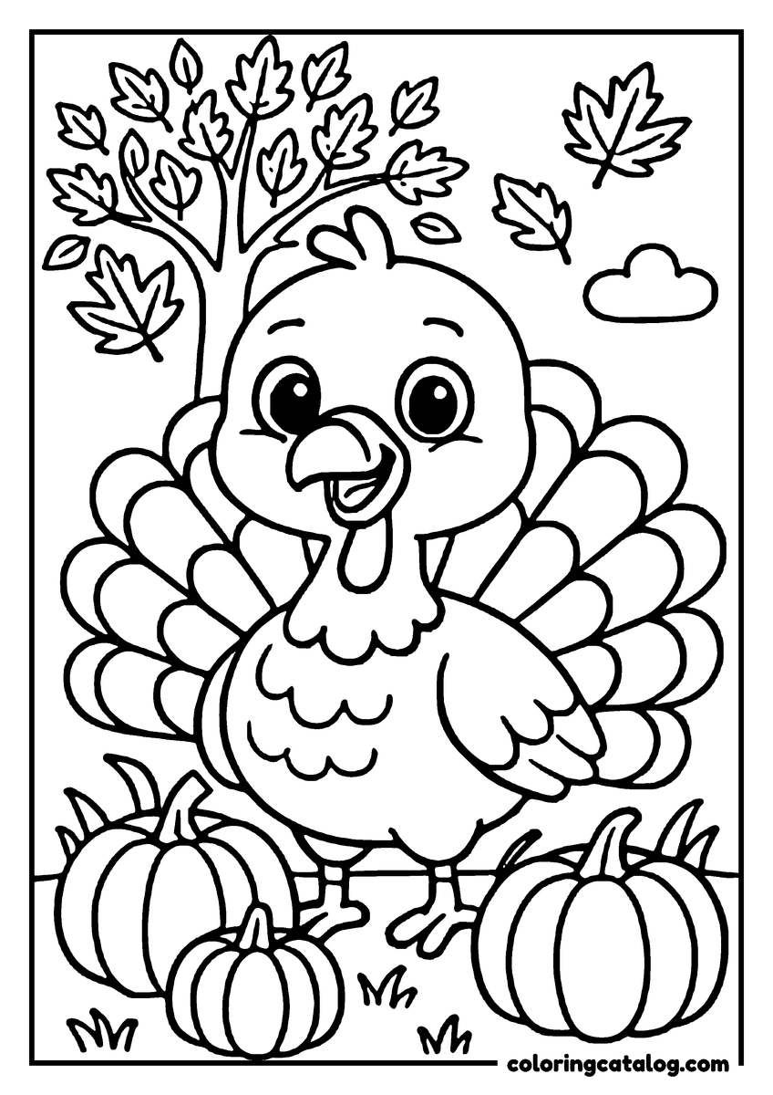 Free Thanksgiving coloring sheet: A happy turkey stands beside pumpkins, surrounded by autumn leaves and a cloud