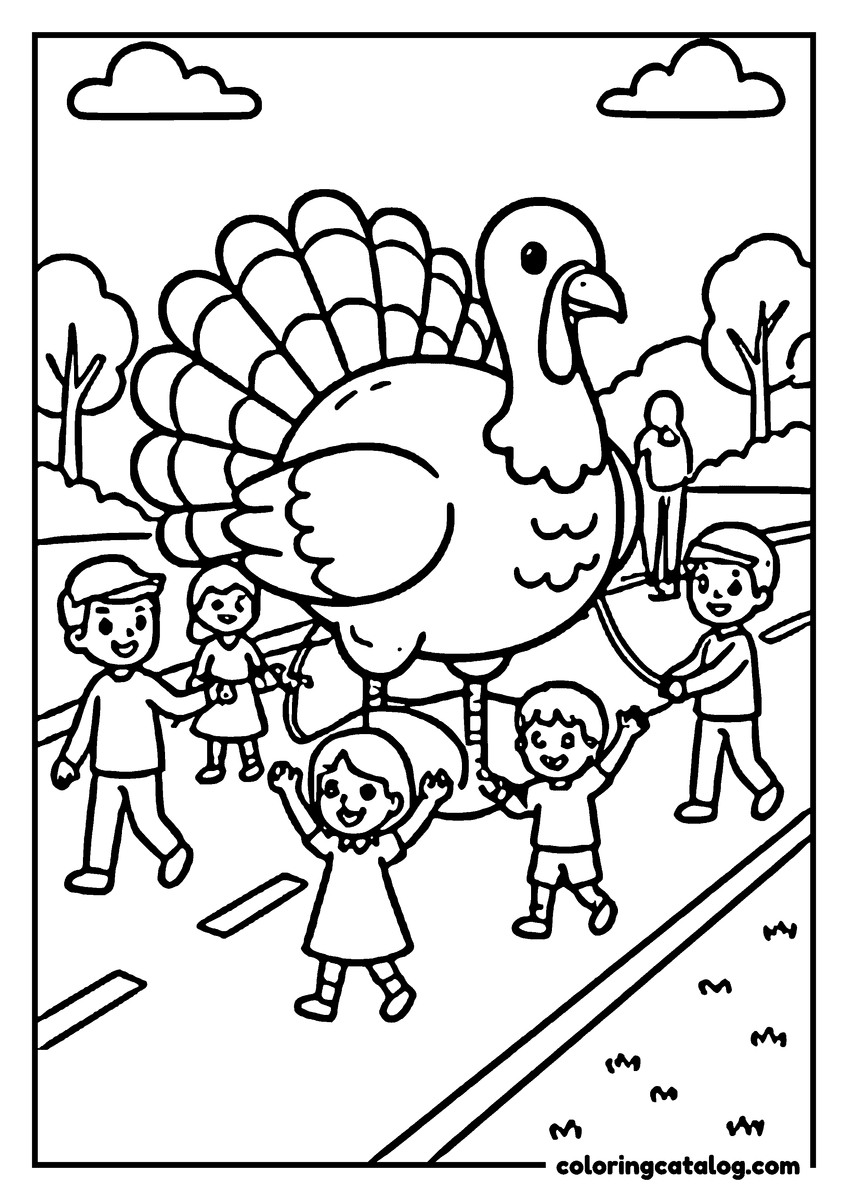 Thanksgiving coloring page: A large turkey balloon floats above a group of children on a sidewalk, with trees and clouds in the background