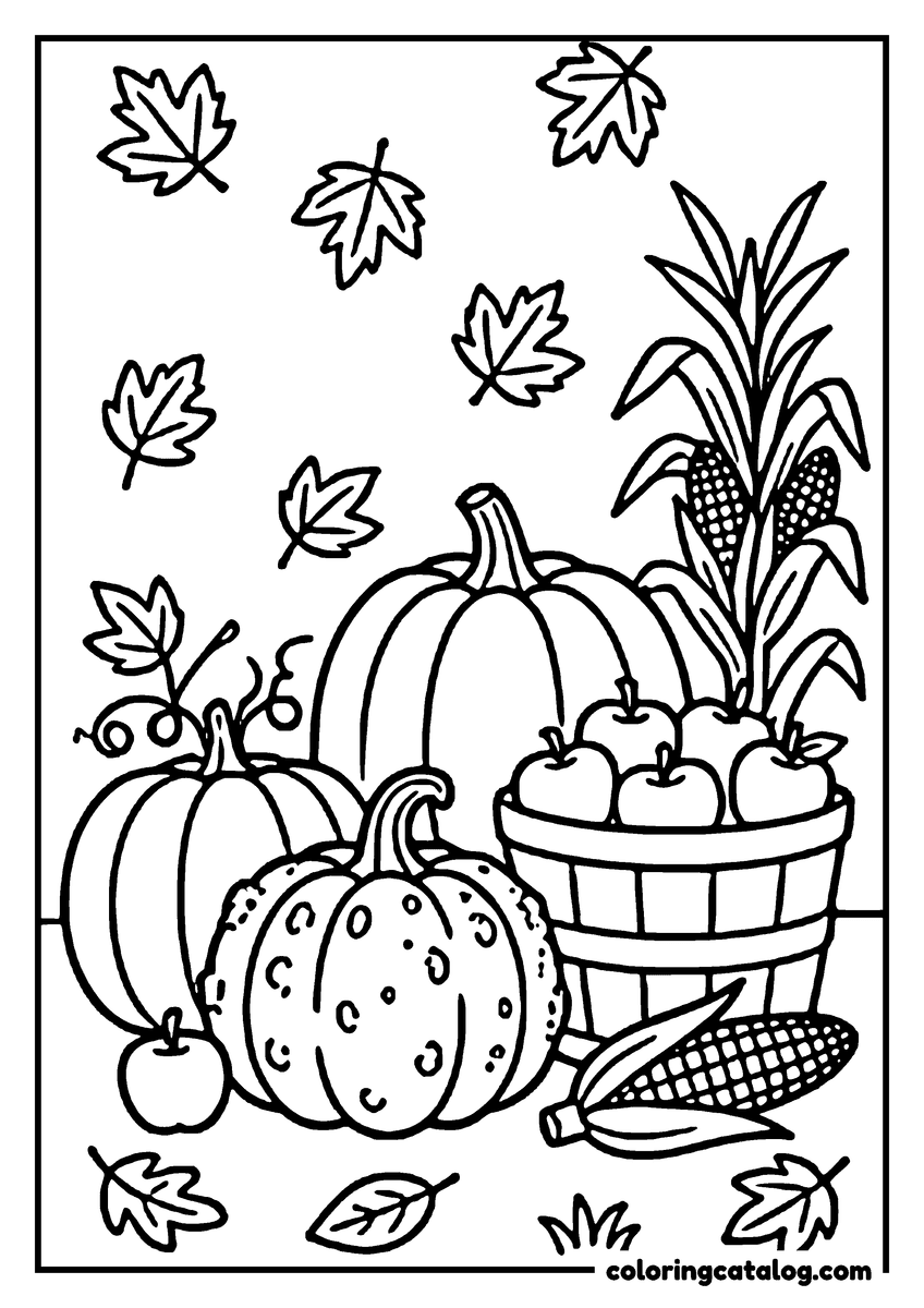 Free Thanksgiving coloring sheet: A harvest scene with pumpkins, apples, and corn, set against a backdrop of falling leaves