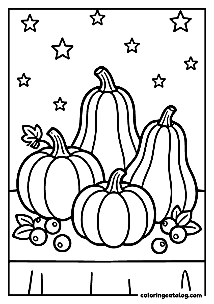 Thanksgiving coloring page: Pumpkins and gourds on a table with stars in the sky