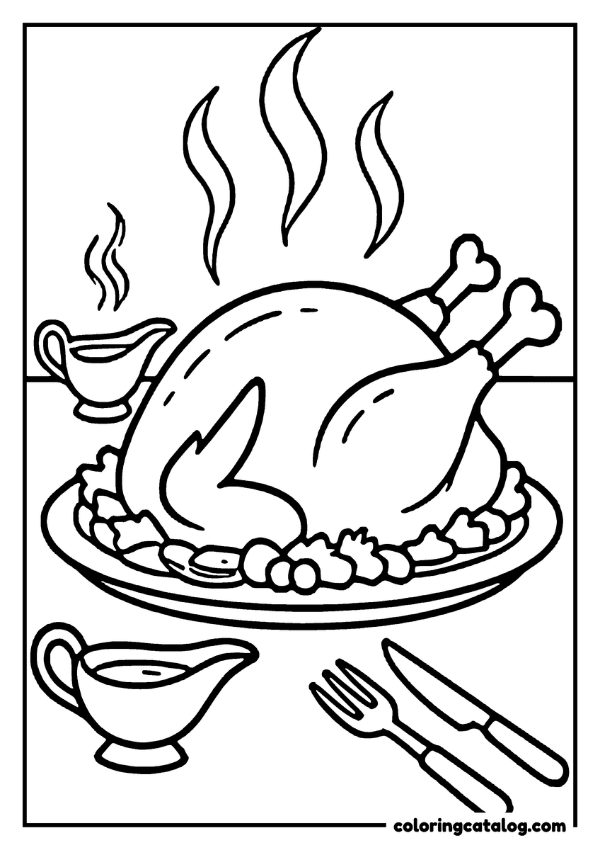 Free Thanksgiving coloring sheet: A roasted turkey sits on a plate, surrounded by gravy, a fork, and a knife, with steam rising from it