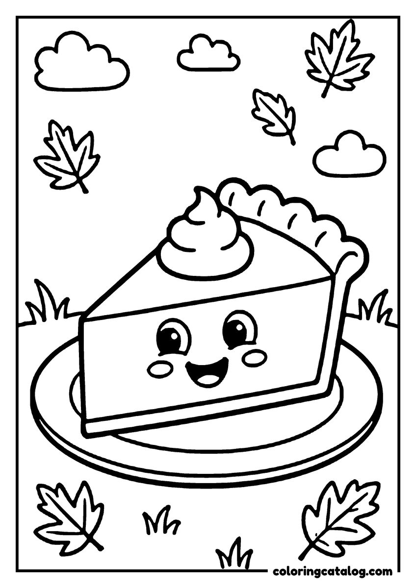 Free Thanksgiving coloring sheet: A slice of pie with a smiling face is on a plate, surrounded by autumn leaves and clouds