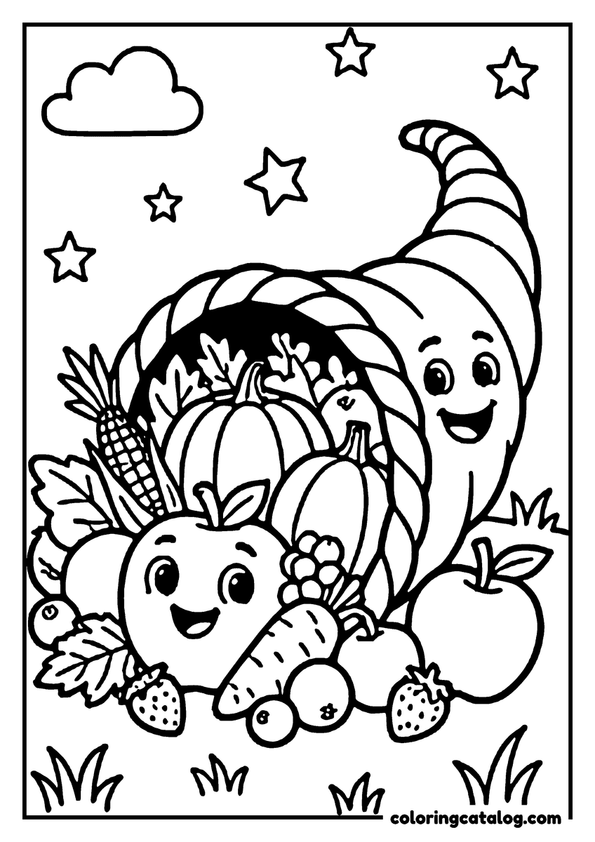 Thanksgiving coloring page: A smiling cornucopia filled with fruits and vegetables, surrounded by stars and clouds, is ready for coloring