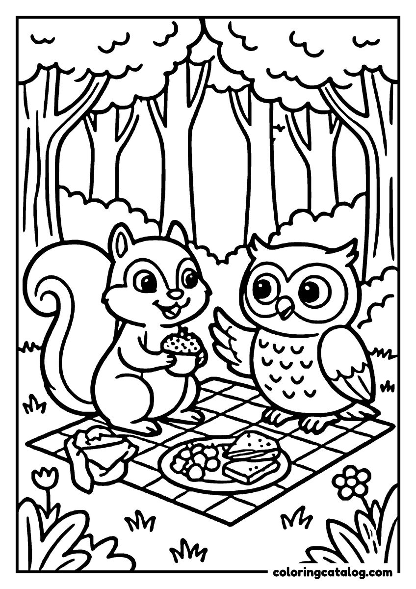 Free Thanksgiving coloring sheet: A squirrel and an owl are having a picnic in the forest, surrounded by trees and flowers
