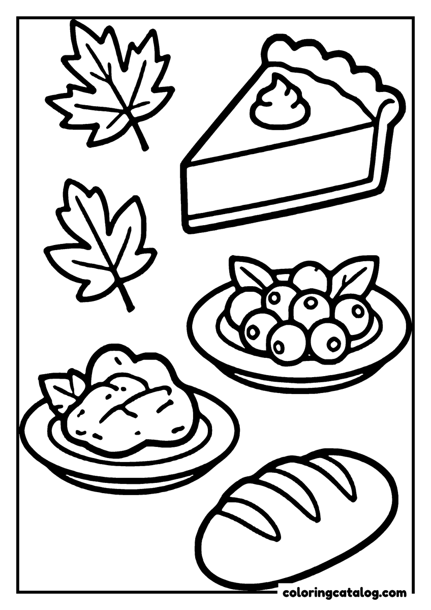 Thanksgiving coloring page: A slice of pie, a loaf of bread, a plate of olives, and two maple leaves
