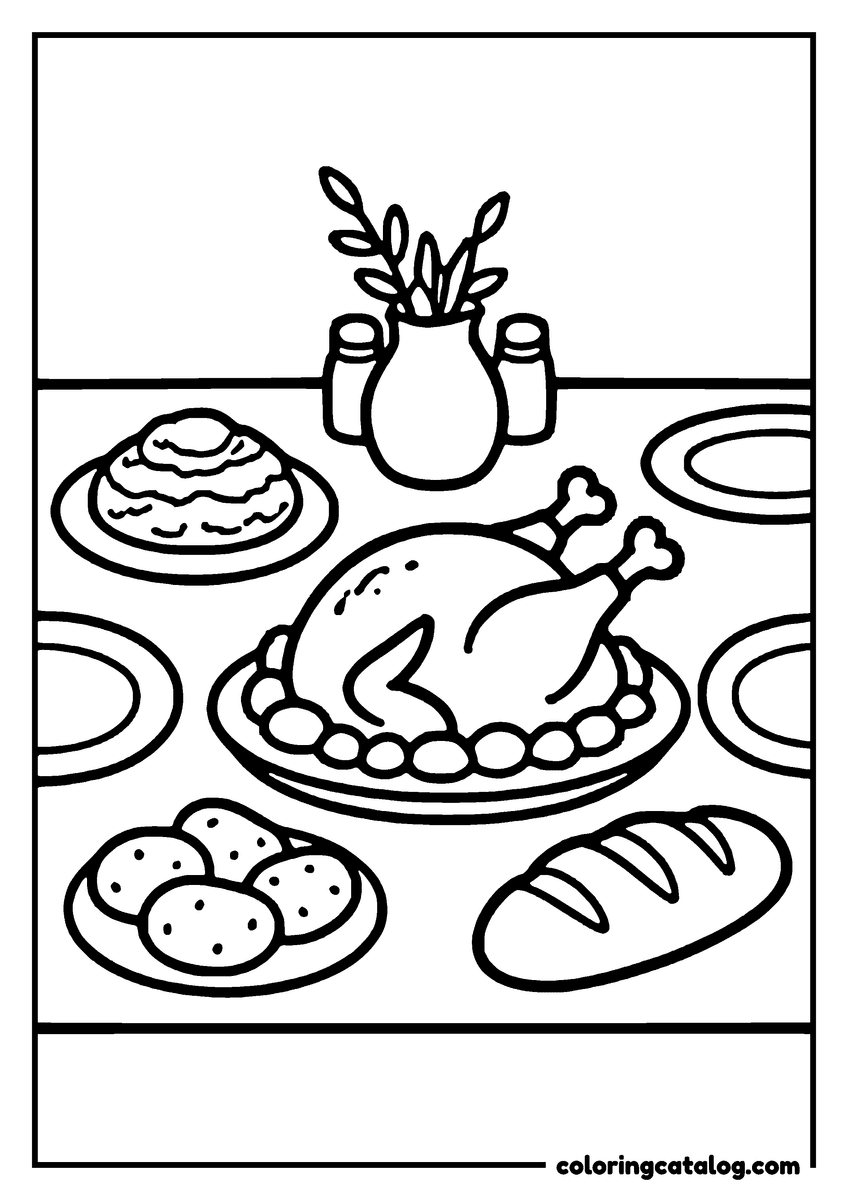 Printable coloring page: A Thanksgiving table setting with a roasted turkey, mashed potatoes, bread, and a vase with herbs