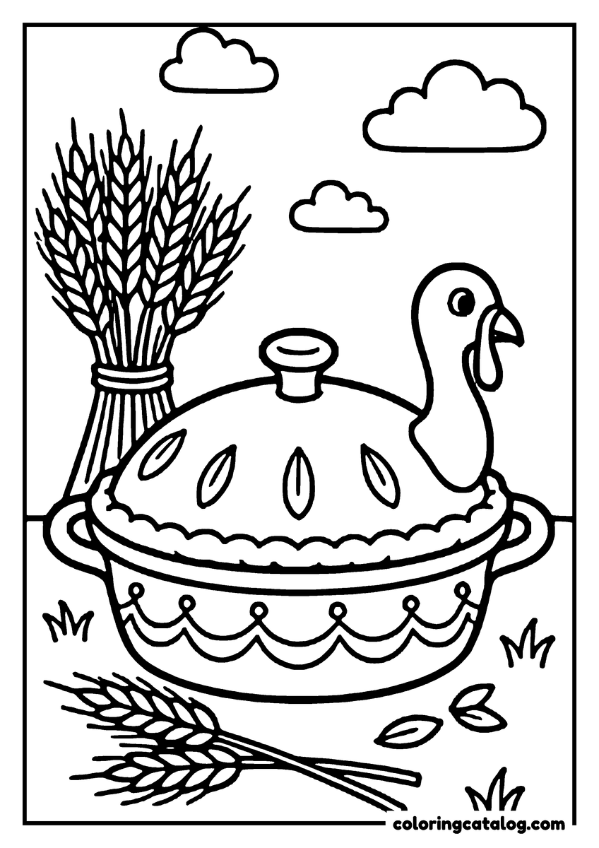 Free Thanksgiving coloring sheet: A turkey in a pie with wheat stalks and clouds in the sky
