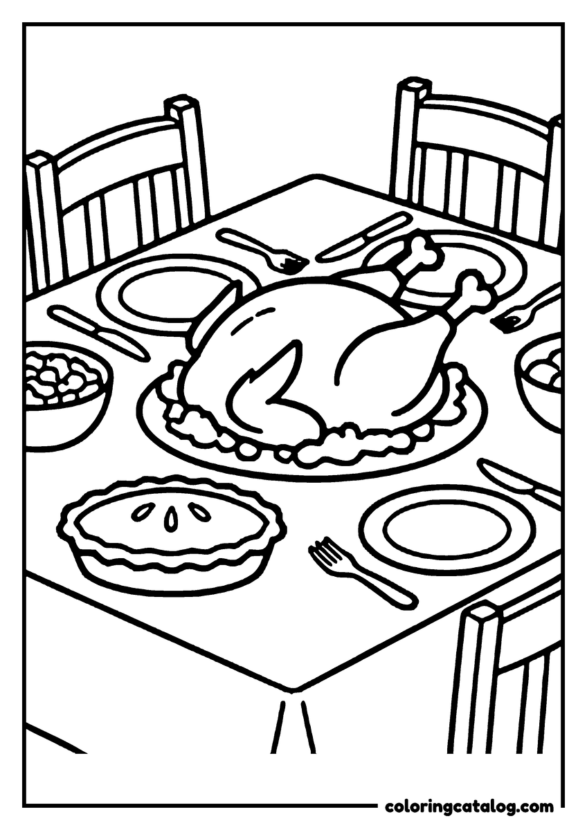 Thanksgiving coloring page: A turkey sits on a plate on a table with chairs, bowls, and utensils