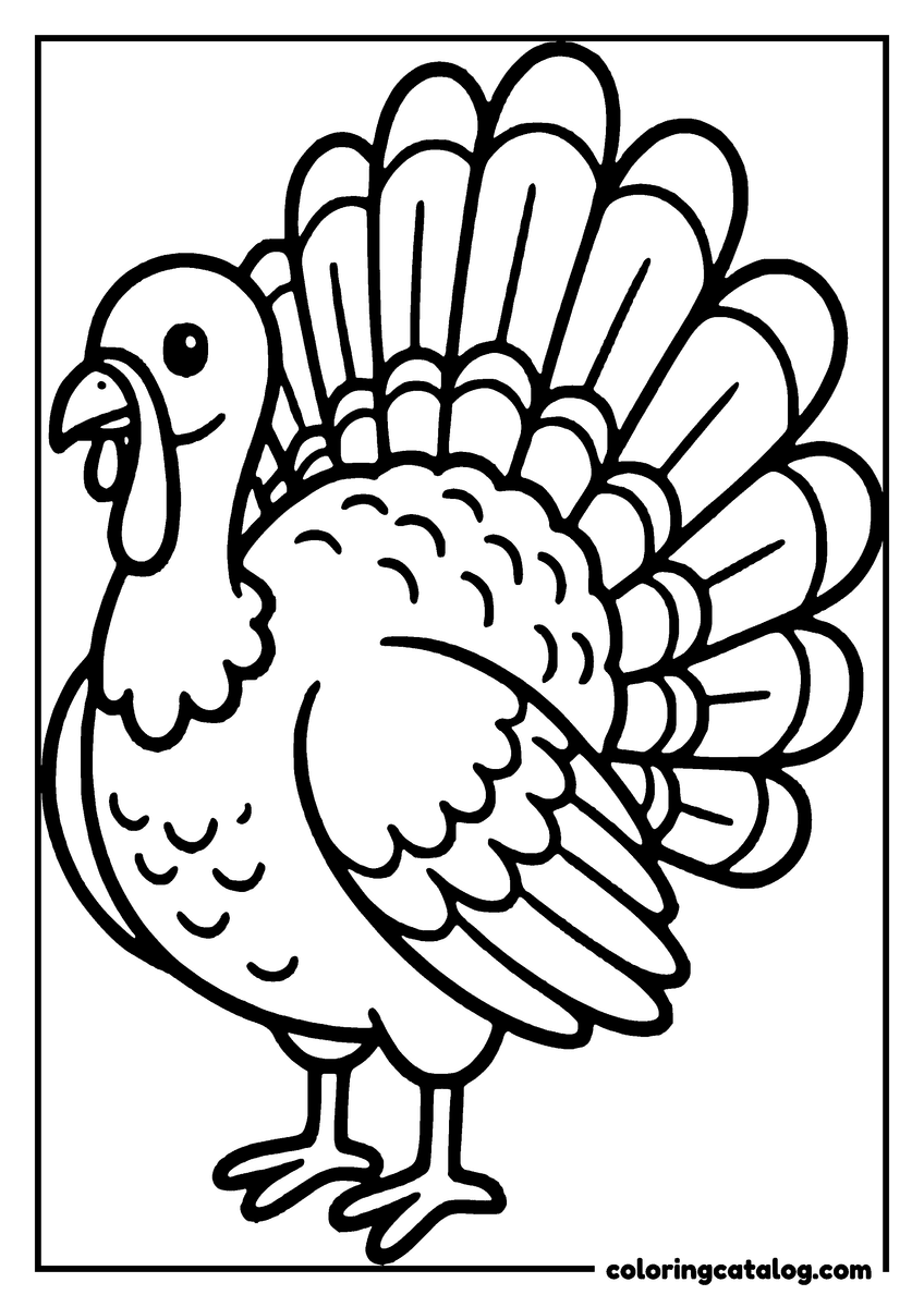 Free Thanksgiving coloring sheet: A turkey stands proudly, its feathers spread wide, ready for coloring