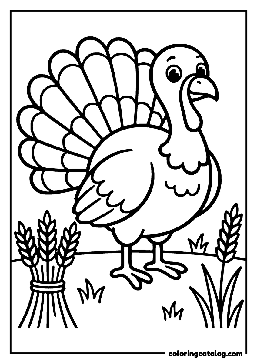 Free Thanksgiving coloring sheet: A turkey stands proudly with a bundle of wheat in the background
