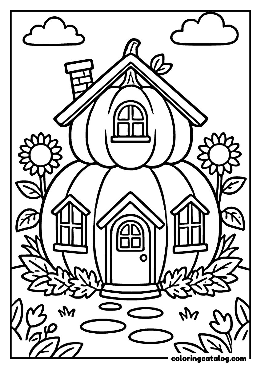 Thanksgiving coloring page: A whimsical pumpkin house with a chimney, windows, and a door, surrounded by flowers and leaves, under a cloudy sky