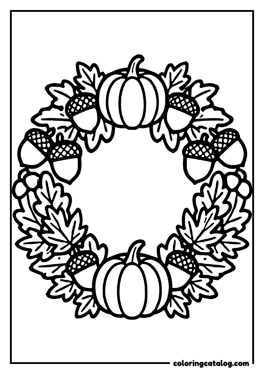 Thanksgiving coloring page: A wreath with pumpkins, acorns, and leaves, perfect for autumn coloring