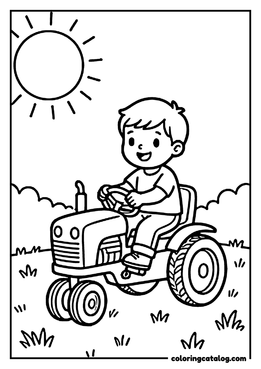 Free printable coloring sheet: A smiling boy driving a little tractor across the grass on a sunny day
