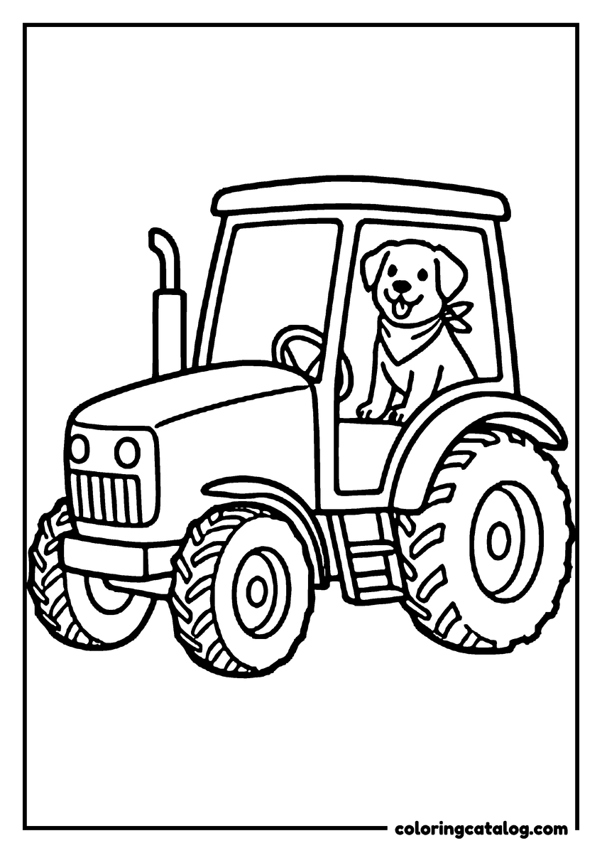 Free printable coloring sheet: A happy dog with a bandana sitting in the cab of a tractor